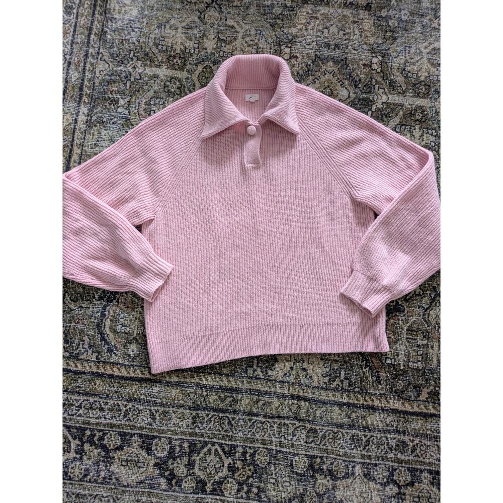 Aerie Classic Quarter Button Ribbed Knit Polo Sweater Pink Medium - Picture 2 of 6